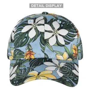 Detailed close-up of tropical floral print baseball cap with precise curved stitching