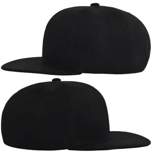Dual view of a plain black snapback baseball cap in thick twill fabric on white background