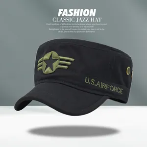 Detail of U.S. AIR FORCE embroidery and metal eyelets on a black canvas military cap