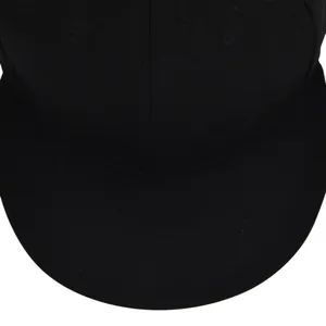 Close-up of black twill cotton baseball cap showing stitching detail on flat brim