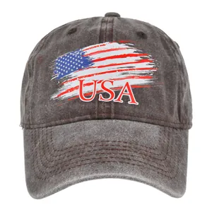 Detail of vintage washed gray baseball cap featuring USA flag print and 3D embroidery