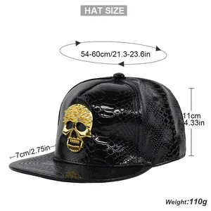 Detailed size chart for the black snakeskin hip-hop hat with gold skull and dimensions