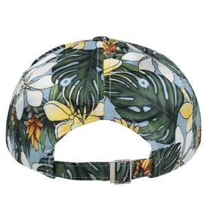 Rear view of floral baseball cap with tropical leaves and adjustable metal buckle