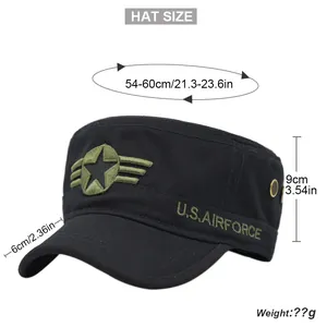 Detailed size guide of black cadet cap featuring US Air Force star embroidery and eyelets