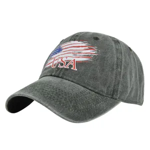 Detail of dark gray washed baseball cap with USA flag print and vintage embroidery