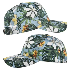 Detail of tropical floral print on a light blue satin-like baseball cap with metal buckle