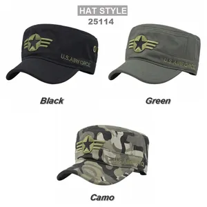 Army style flat top caps in black, green and camo with embroidered military star emblems