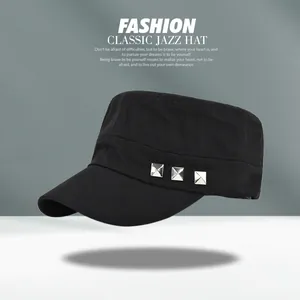 Detail of black cotton cadet cap with three silver square studs on the side panel