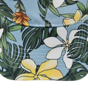 Close-up of tropical floral print on cotton baseball cap with neat stitching detail