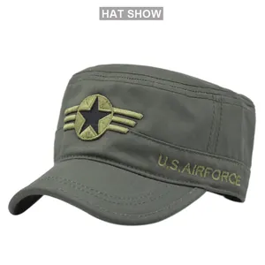 Detail of army green military cap with US Airforce embroidery and canvas texture