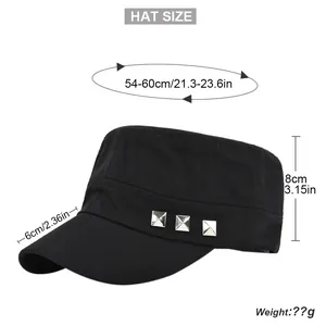 Detailed measurement view of black military cap with dimensions 54-60cm and metal studs