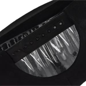 Detail of adjustable snapback closure on black baseball cap showing plastic strap and holes