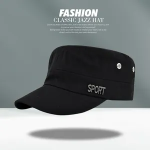 Close-up of black canvas cadet cap featuring side metal SPORT logo and air eyelets