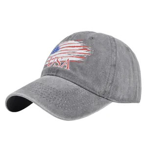 Close-up of vintage washed grey cotton baseball cap with USA flag and embroidery detail