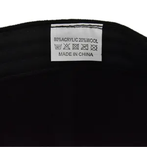 Close-up of fabric care label showing 80% acrylic and 20% wool material composition