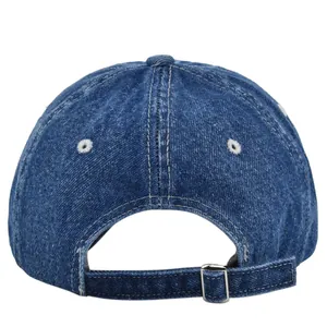 Rear view of washed navy denim baseball cap featuring adjustable strap and metal buckle
