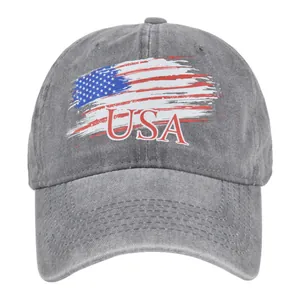 Detailed macro of vintage grey washed denim baseball cap with USA flag embroidery
