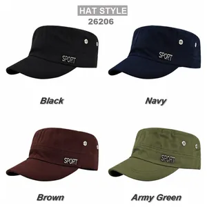 Flat top military cap set in black, navy, brown, and army green with SPORT metal plate