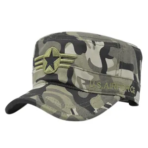 Detail of US Air Force embroidery and five-point star on woodland camouflage cadet cap