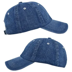 Detail view of navy denim baseball cap showing six-panel stitch and metal buckle