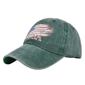 Detail of vintage dark green cotton baseball cap featuring USA flag printed design