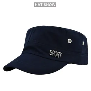 Detail view of dark blue military cadet hat with metal air vents and SPORT emblem