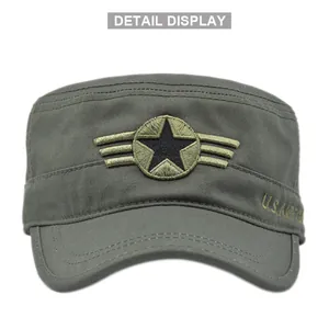 Detail view of U.S. Air Force embroidery on olive green cotton canvas military cap