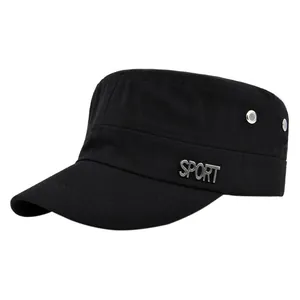 Detail of black military cadet cap featuring a metallic SPORT emblem and side air vents