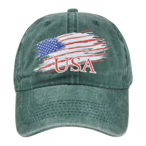 Detailed view of dark green washed cotton baseball cap with USA flag and embroidery