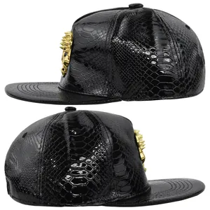 Close-up of black crocodile pattern PU leather hat with golden skull stud detail