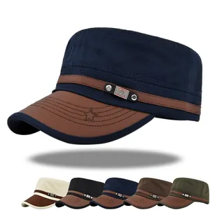 Retro Katoen Cadet Cap Platte Bovenkant Militair Hoed PU Leer Rand Ster Detail Verstelbaar Zonnehoed Voor Outdoor Heren Dames