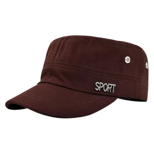Dark brown cotton canvas cadet cap with a silver metal SPORT emblem on side