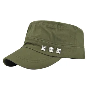 Army green cotton cadet cap with metallic studs and durable flat top military style