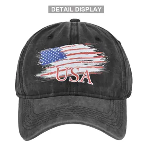 Close-up of vintage grey cotton baseball cap featuring USA flag embroidery and curved brim
