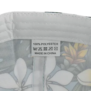 Detail of 100% polyester label and floral print lining inside the baseball cap