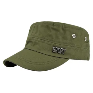 Detail of olive green cadet cap featuring silver SPORT metal logo and side vent holes