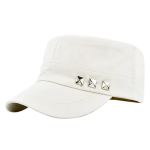 Detail shot of white cotton military cap featuring three silver metal studs on the side