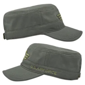Detail of army green cadet cap with U.S. AIRFORCE embroidery and metal adjustable strap