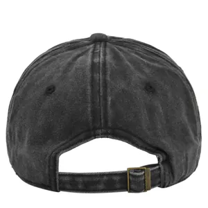 Detail of adjustable metal buckle and vintage washed fabric on back of the charcoal baseball cap