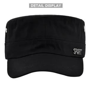 Detail of black cotton cadet cap featuring metallic SPORT logo and breathable side eyelets