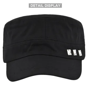 Detail view of cotton twill military cap with three silver square metal rivets on the side