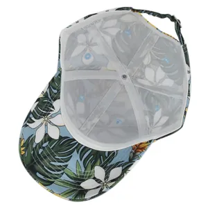 Interior detail of floral baseball cap with breathable mesh and adjustable metal buckle strap