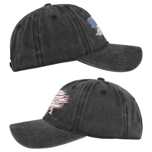 Detail of washed charcoal baseball cap featuring USA flag print and side embroidery