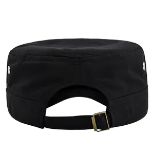 Rear view of black cotton military cap with adjustable bronze metal buckle and eyelets