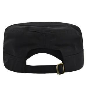 Detail of adjustable metal buckle and strap on the back of black cotton military cap