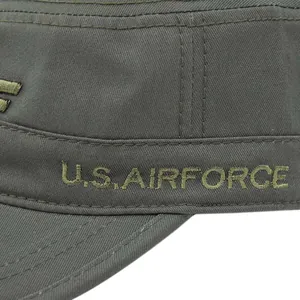 Detail of military olive green patrol cap with 3D U.S. Air Force embroidery on canvas