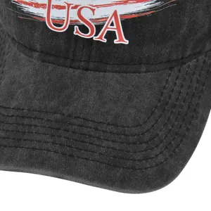 Detail of grey washed cotton baseball cap brim with USA print and reinforced stitching