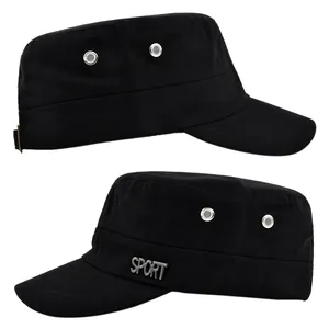Close-up of black tactical military cap featuring SPORT metal logo and side vent eyelets