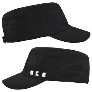 Detail of black cotton military cap with silver square studs and metal adjustment buckle