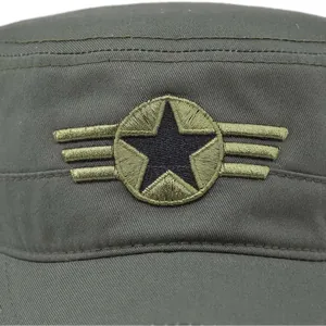 Army green cadet cap featuring classic black five-pointed star embroidery on sturdy canvas